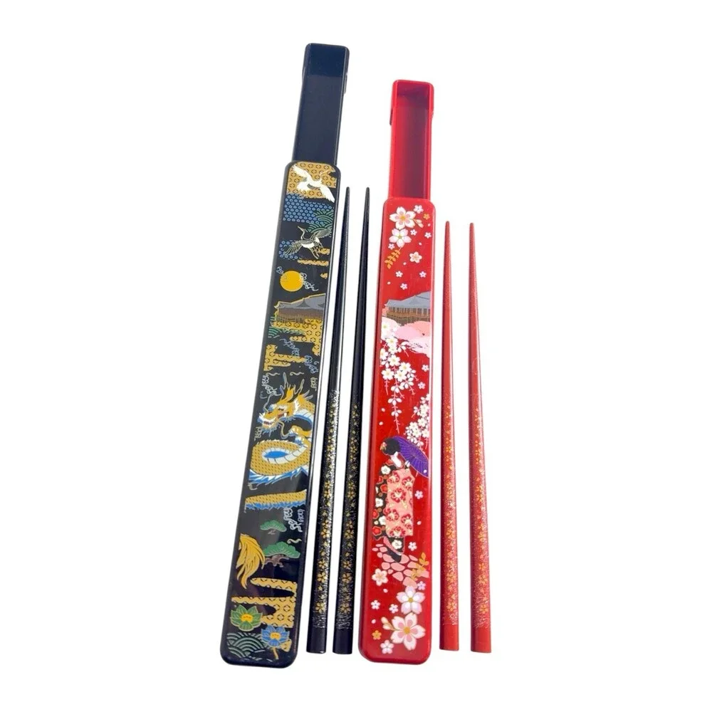 Japanese Travel Chopsticks 2 Pair Cases Dragon Geisha Cranes Sakura Red Black